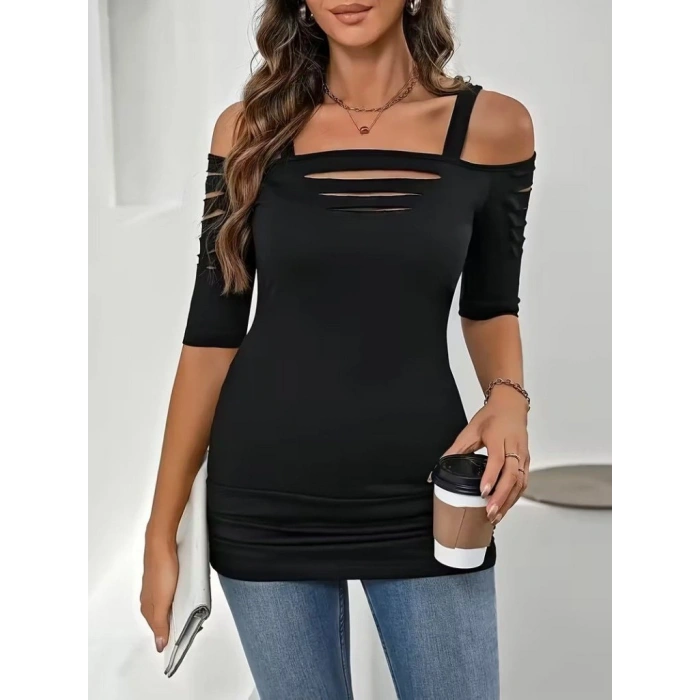 Kadın Omuzlardan Açık Askılı Lazer Kesim Detaylı Viskon Bluz