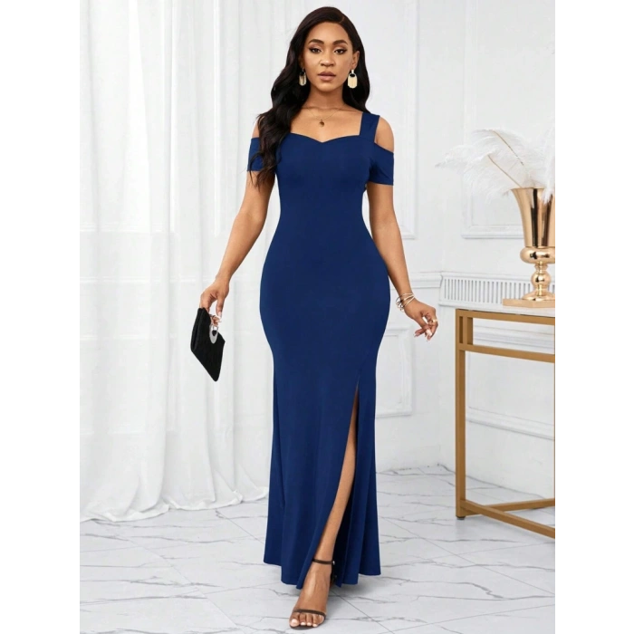 Kadın Omuzlardan Açık Askılı Yırtmaç Detaylı Uzun Ithal Krep Elbise