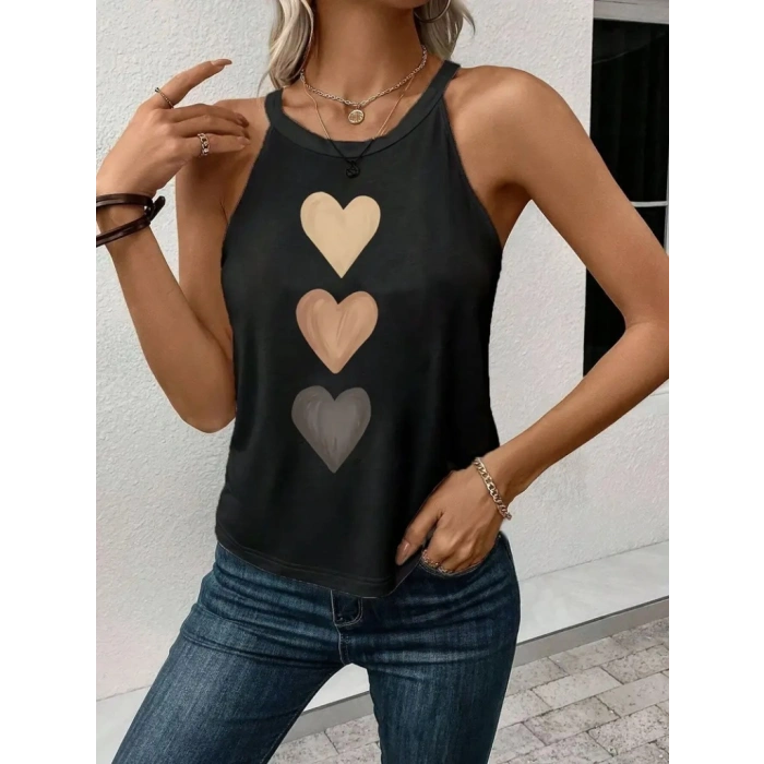 Kadın Omuzlardan Açık Boyundan Askılı Kalp Baskılı Viskon Bluz