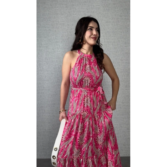 Kadın Omuzlardan Açık Boyundan Geçmeli Desenli Süprem Bluz