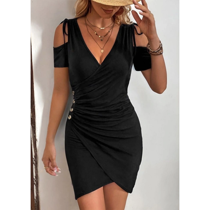 Kadın Omuzlardan Açık V Yakalı Kısa Kollu Yanlardan Büzgülü Düğme Detaylı Janjan Krep Elbise