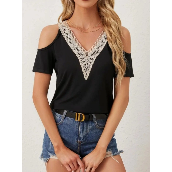 Kadın Omuzlardan Açık V Yakalı Viskon Bluz