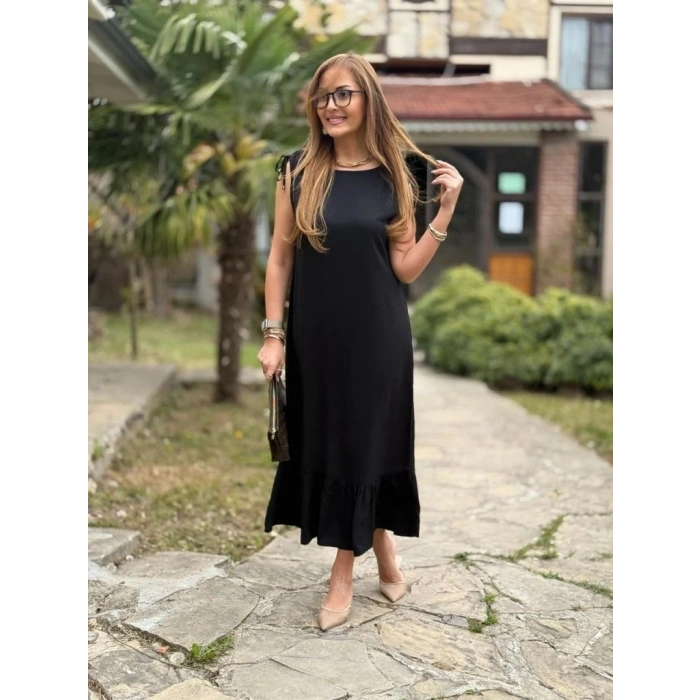 Kadın Omuzlardan Büzgülü Kayık Yaka Fırfırlı Janjan Krep Elbise