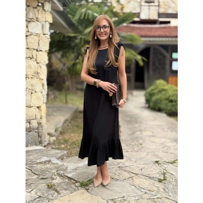 Kadın Omuzlardan Büzgülü Kayık Yaka Fırfırlı Janjan Krep Elbise