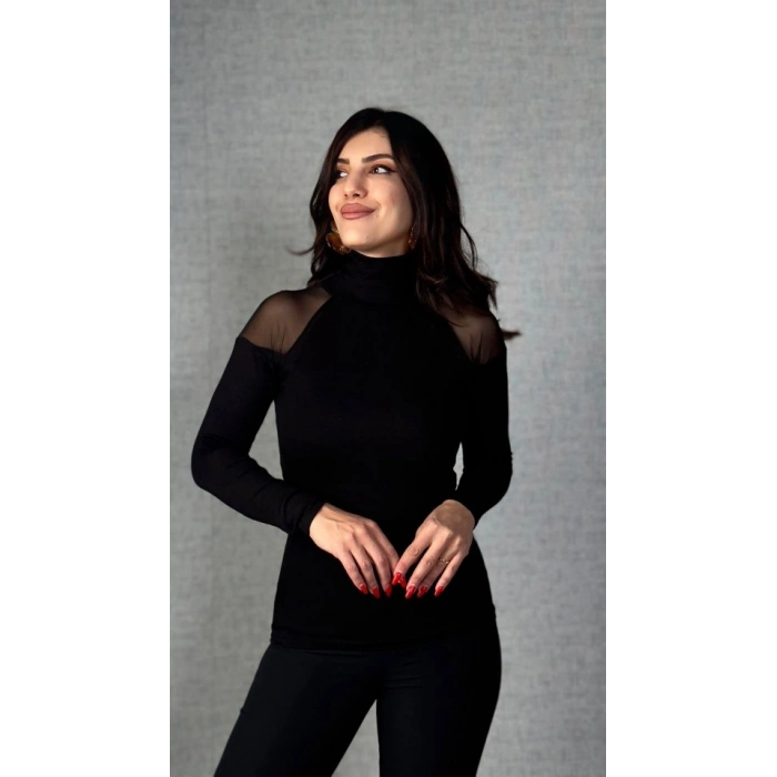 Kadın Omuzları Tül Balıkçı Yaka Viskon Kumaş Bluz