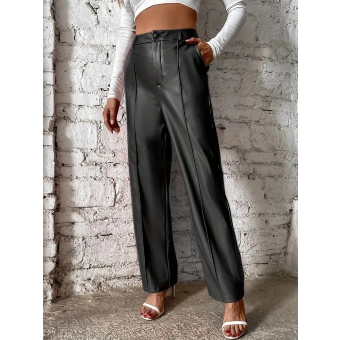 Kadın önden Fermuarlı Cepli Geniş Kesim Lame Deri Pantolon