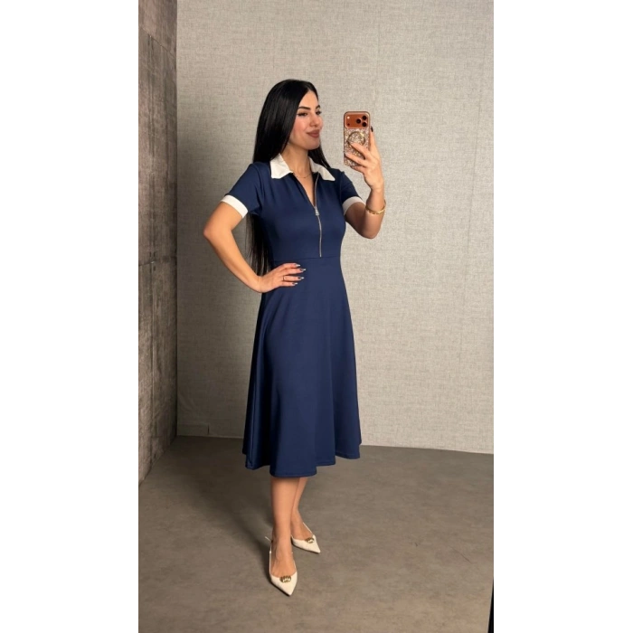 Kadın Polo Yaka Fermuar Detaylı Modal Midi Elbise