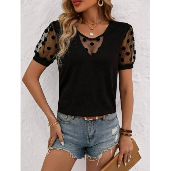 Kadın Puantiyeli Tül Koy Detay Bluz