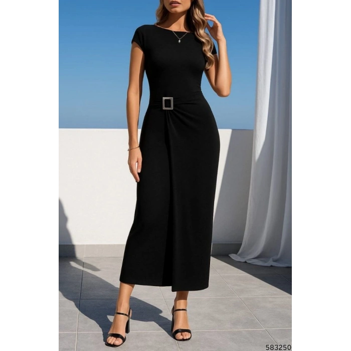 Kadın Sandy Kumaş Metal Toka Detaylı Midi Boy Elbise