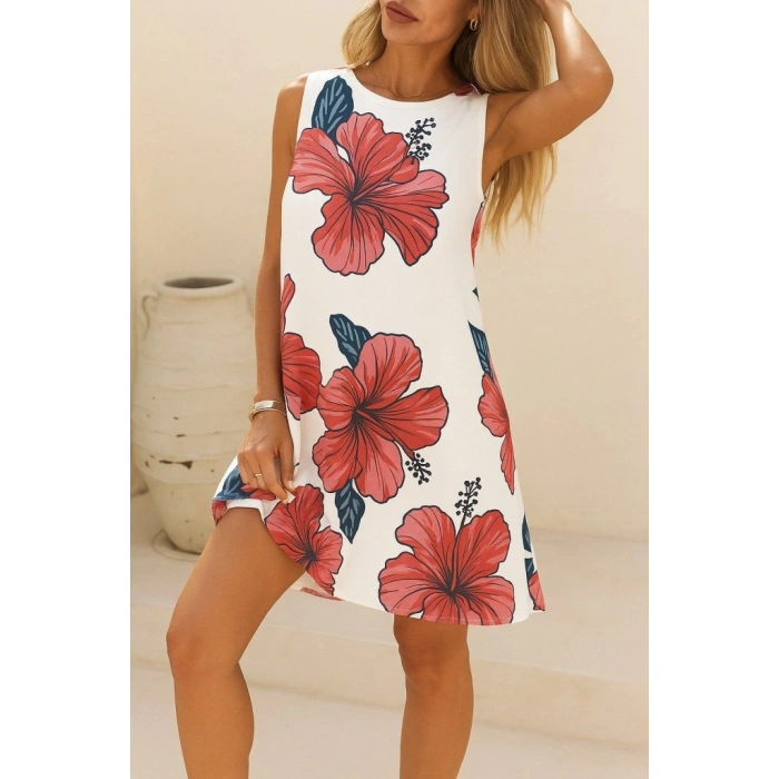 Kadın Sıfır Kol Sırttan Bağlamalı Fırfırlı çiçek Desenli Süprem Elbise