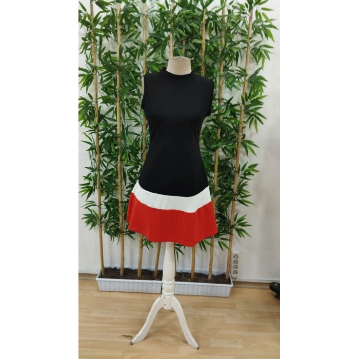 Kadın Sıfır Kol Yarı Balıkçı Yaka şerit Detaylı Ithal Krep Elbise