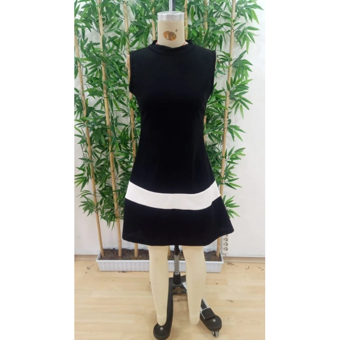 Kadın Sıfır Kol Yarı Balıkçı Yaka şerit Detaylı Ithal Krep Elbise