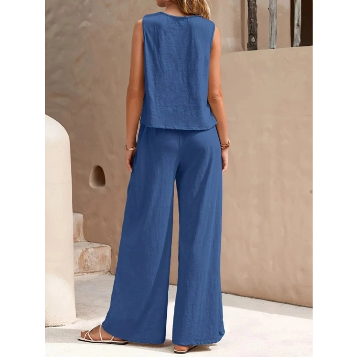 Kadın Sıfır Kollu Bisiklet Yaka Aerobin Bluz Ve Pantolon Ikili Takım