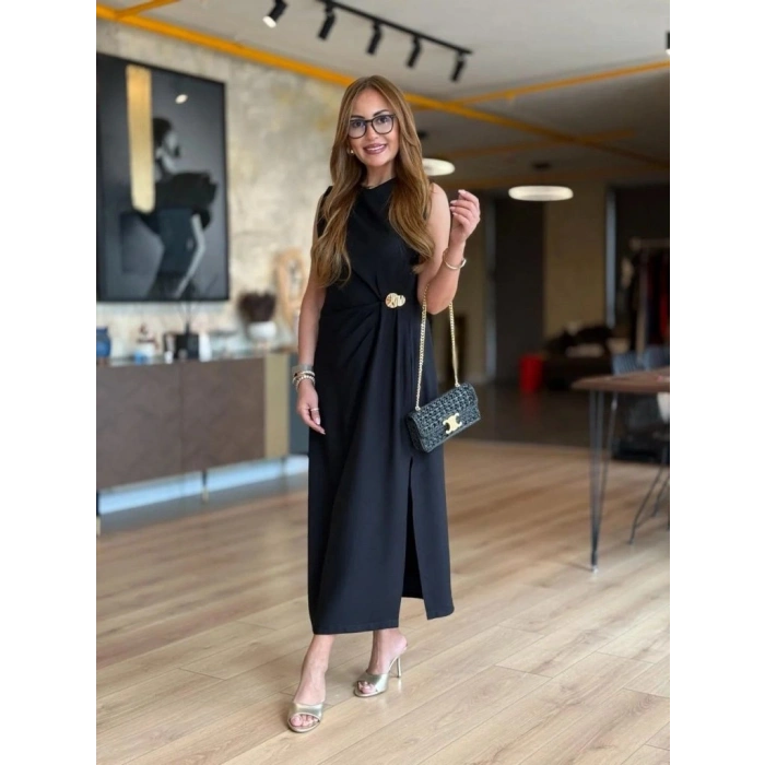 Kadın Sıfır Kollu Bisiklet Yaka Belden Büzgülü Yırtmaç Detaylı Janjan Krep Elbise