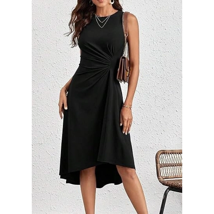 Kadın Sıfır Kollu Bisiklet Yaka Büzgülü Asimetrik Kesim Detaylı Janjan Krep Elbise