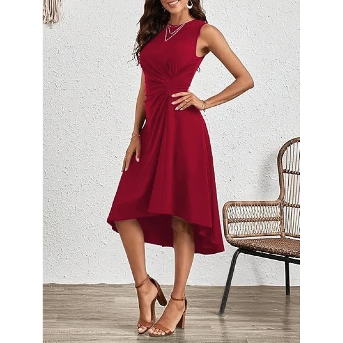 Kadın Sıfır Kollu Bisiklet Yaka Büzgülü Asimetrik Kesim Detaylı Janjan Krep Elbise