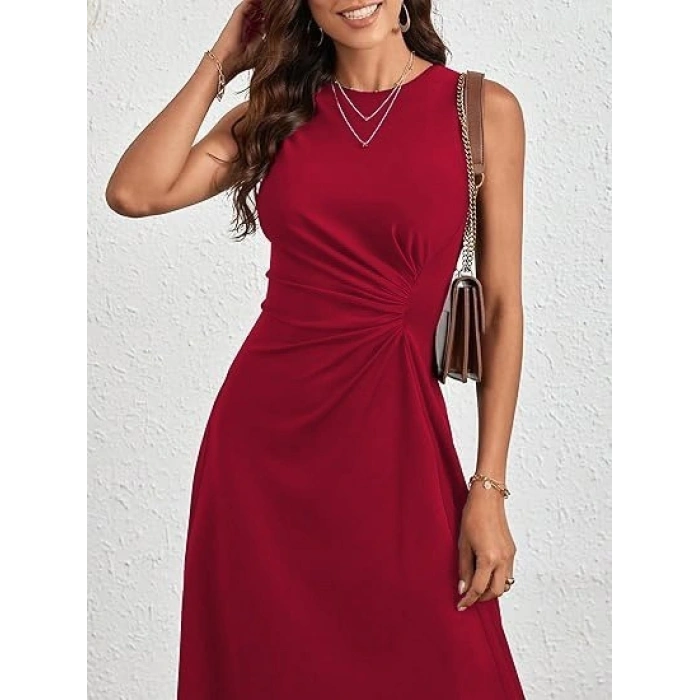 Kadın Sıfır Kollu Bisiklet Yaka Büzgülü Asimetrik Kesim Detaylı Janjan Krep Elbise