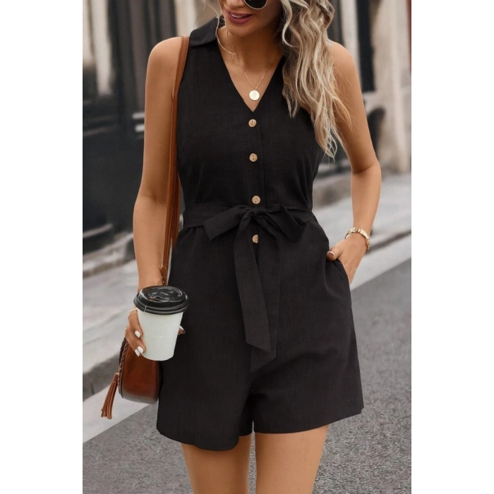 Kadın Sıfır Kollu Yakalı Düğmeli Belden Kuşaklı Kısa Keten Tulum