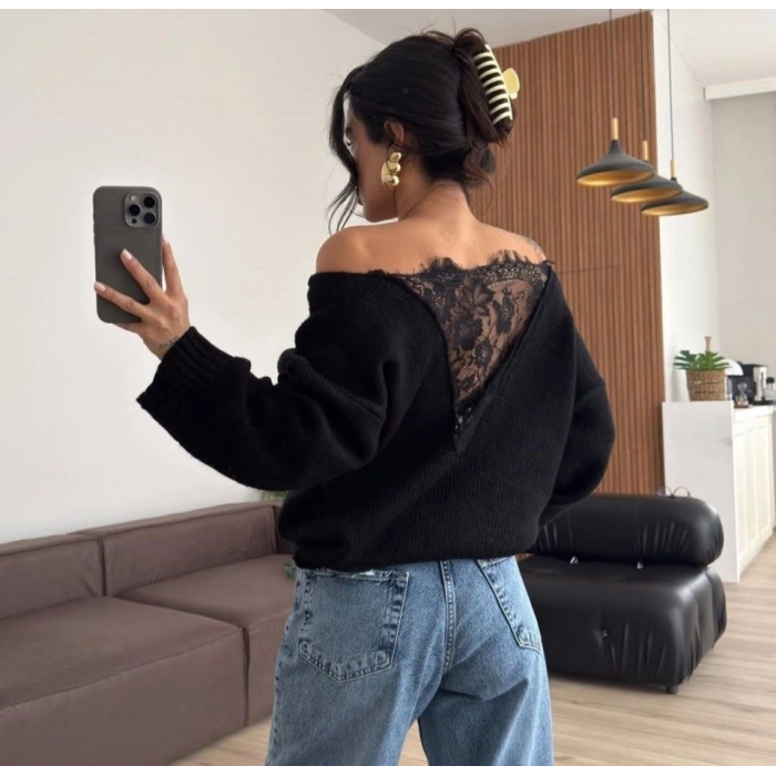 Kadın Sırtı Dantel Transparan Detay Triko Kazak