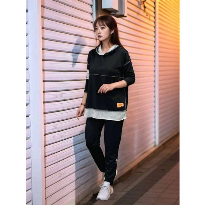 Kadın Siyah Kapşonlu Etek Ucu Detay Arma Ters Dikiş Gorunumlu Ikili Takım