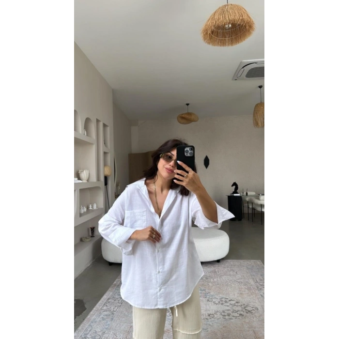 Kadın Tek Cepli Over Size Ketem Gömlek