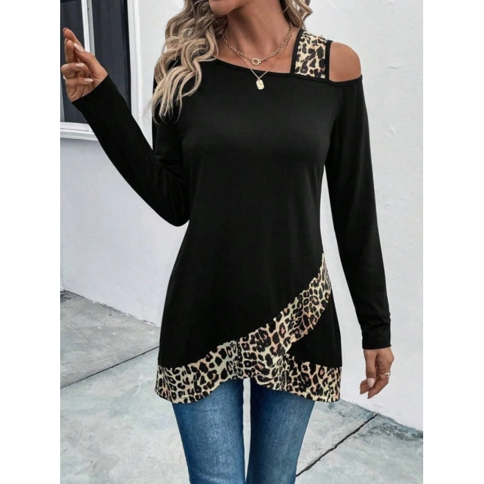 Kadın Tek O Uzdan Açık Askılı Uzun Kollu Leopar Detaylı Viskon Bluz