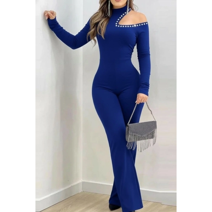 Kadın Tek Omuzdan Açık Balıkçı Yaka Taş Detaylı Uzun Ithal Krep Tulum