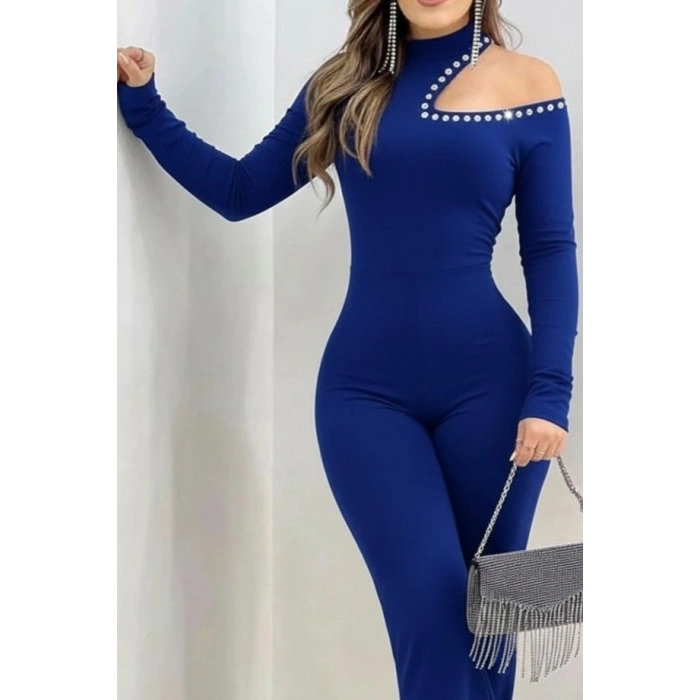 Kadın Tek Omuzdan Açık Balıkçı Yaka Taş Detaylı Uzun Ithal Krep Tulum