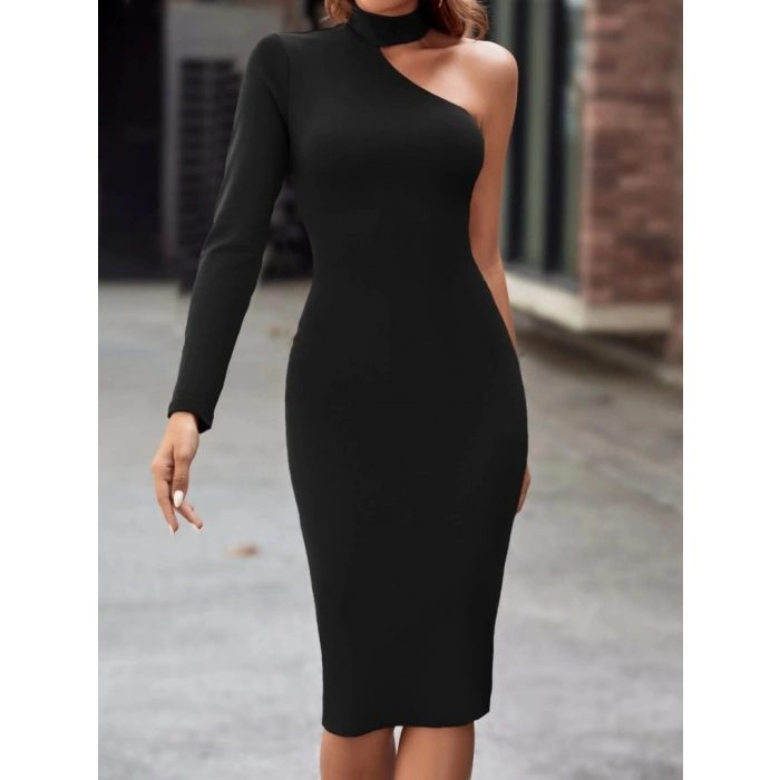 Kadın Tek Omuzdan Açık Uzun Kollu Balıkçı Yaka Midi Ithal Krep Elbise