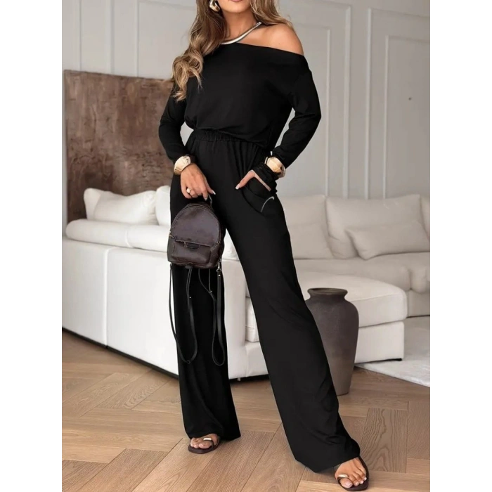 Kadın Tek Omuzdan Açık Uzun Kollu Belden Bağcıklı Uzun Viskon Iki Iplik Tulum