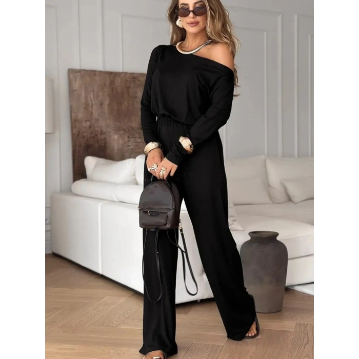 Kadın Tek Omuzdan Açık Uzun Kollu Belden Bağcıklı Uzun Viskon Iki Iplik Tulum