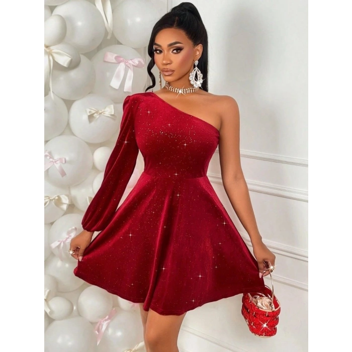 Kadın Tek Omuzdan Açık Uzun Kollu Taşlı Mini Elbise