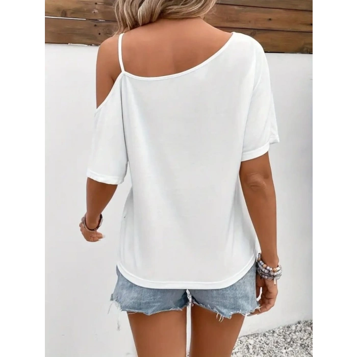 Kadın Tek Omuzu Açık Ip Askılı Baskılı Viskon Bluz