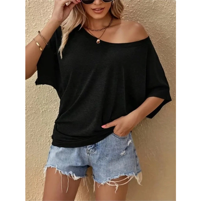 Kadın Tek Omuzu Açık Kısa Kollu Salaş Viskon Bluz