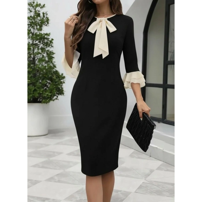 Kadın Truvakar Kollu Fiyonk Yakalı Midi Ithal Krep Elbise