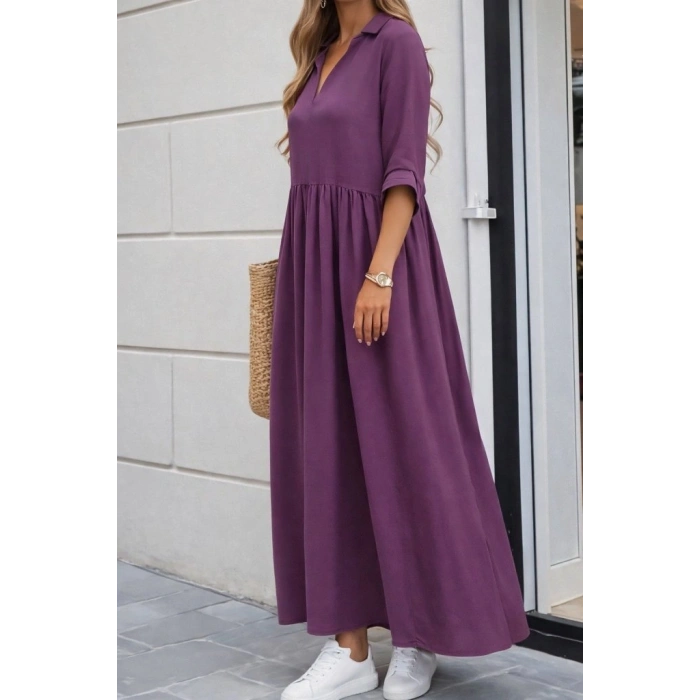 Kadın Truvakar Kollu V Yakalı Yırtmaçlı Uzun Aerobin Elbise