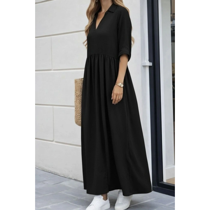 Kadın Truvakar Kollu V Yakalı Yırtmaçlı Uzun Aerobin Elbise