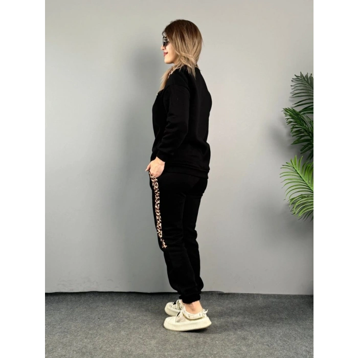 Kadın üç Iplik Kumaş Leopar Desenli Dantel Detaylı Ikili Takım