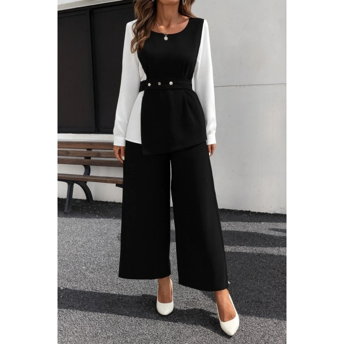 Kadın Uzun Kollu Açık Yakalı çift Renkli Kemerli Ithal Krep Ikili Takım