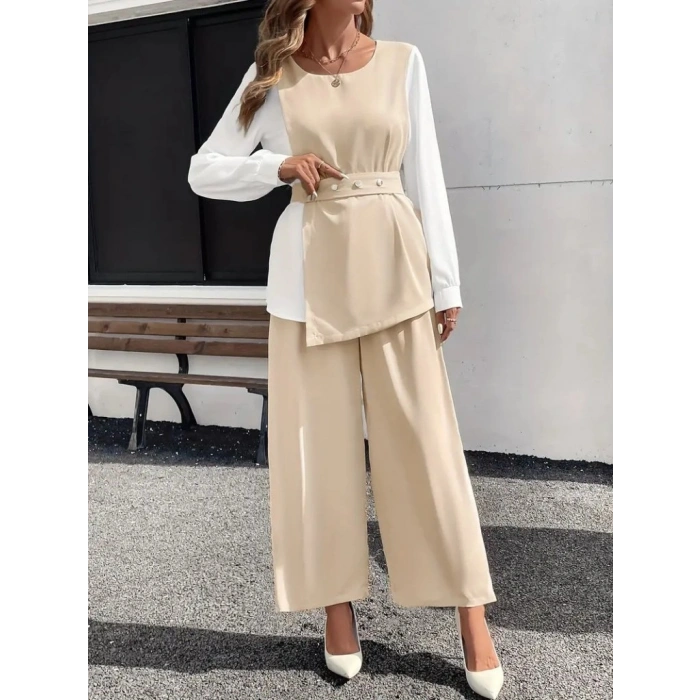 Kadın Uzun Kollu Açık Yakalı çift Renkli Kemerli Ithal Krep Ikili Takım