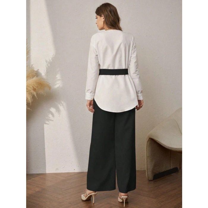 Kadın Uzun Kollu Açık Yakalı çift Renkli Kemerli Ithal Krep Ikili Takım