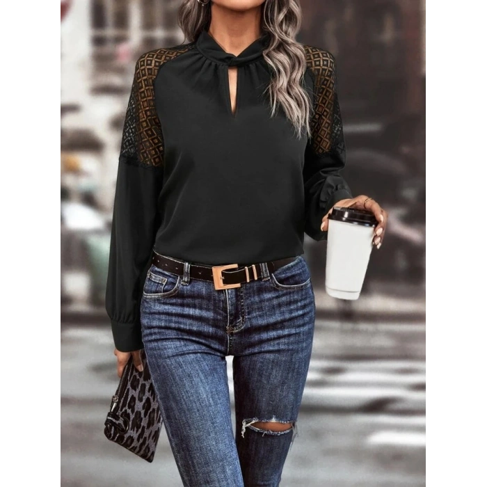 Kadın Uzun Kollu Anahtar Deliği Yaka Reglan Kol Dantel Detaylı Ithal Krep Bluz