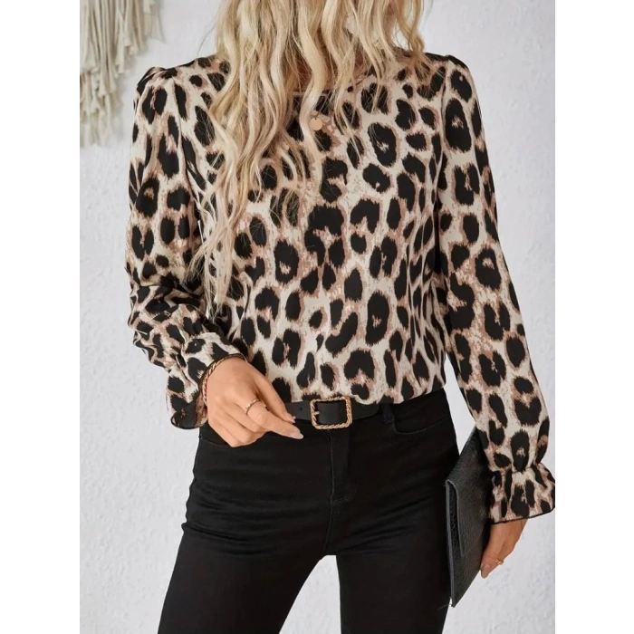 Kadın Uzun Kollu Arkadan Fiyonk Detaylı Leopar Desenli Süprem Bluz