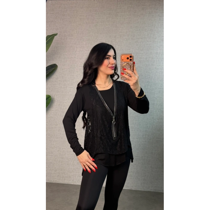 Kadın Uzun Kollu Asimetrik Kesim Bluz Ve Dantel Güpür Transparan Detay Fermuarlı Yelek Ikili Takım