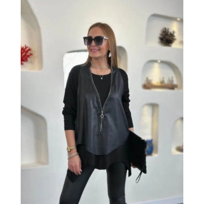 Kadın Uzun Kollu Asimetrik Kesim Viskon Bluz Ve çatlak Deri Görünümlü Yelek Ikili Takım