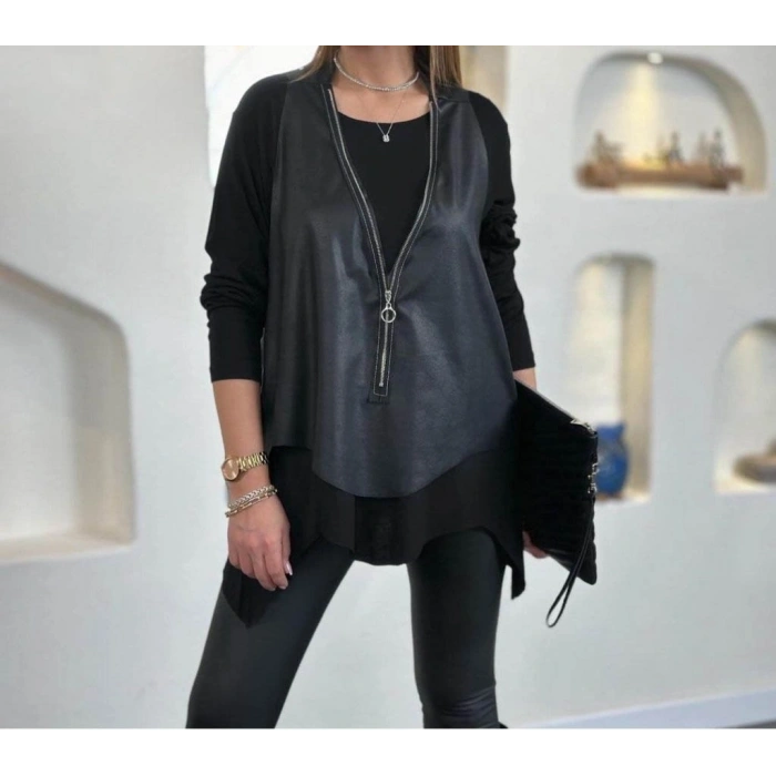 Kadın Uzun Kollu Asimetrik Kesim Viskon Bluz Ve çatlak Deri Görünümlü Yelek Ikili Takım