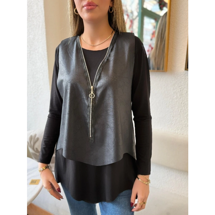 Kadın Uzun Kollu Asimetrik Kesim Viskon Bluz Ve çatlak Deri Görünümlü Yelek Ikili Takım