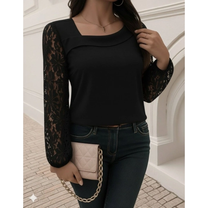Kadın Uzun Kollu Asimetrik Yakalı Dantelli Ithal Krep Bluz