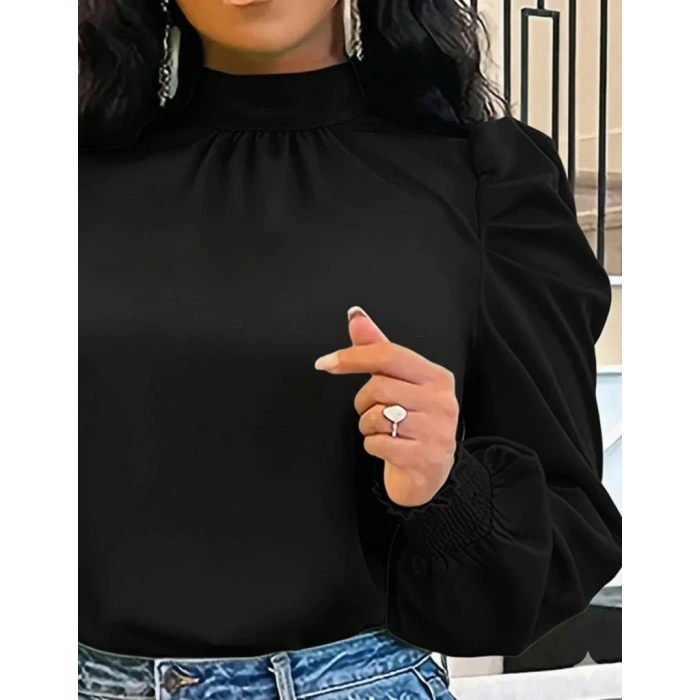 Kadın Uzun Kollu Balıkçı Yaka Arkadan Bağlamalı Omuzlardan Balon Ithal Krep Bluz