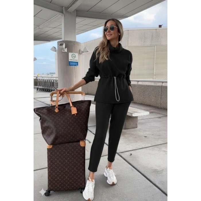 Kadın Uzun Kollu Balıkçı Yaka Belden Lastikli Modal Bluz Ve Pantolon Ikili Takım